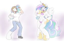 2017 absurd_res alicorn animate_inanimate anthro big_breasts breasts clothing embarrassed equid female footwear friendship_is_magic hair helixjack hi_res horn jewelry long_hair mammal mostly_nude my_little_pony necklace nipples open_mouth pants princess_celestia_(mlp) pussy pussy_juice sex_doll sex_toy_transformation shirt shocked shoes simple_background smooth_skin solo standing transformation white_background wings