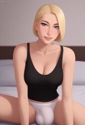 1futa 2d ai_generated aka6_(style) balls_in_panties bedroom black_tank_top blonde_futa blonde_hair blondshell blue_eyes bob_cut breasts bulge bulge_through_clothing civitai cleavage futa_only futanari human human_only indoors large_breasts layered_hair light-skinned_futanari light_skin lips looking_at_viewer on_bed original_character panties parted_lips penis_in_panties short_hair sitting sitting_on_bed solo spread_legs tank_top white_panties