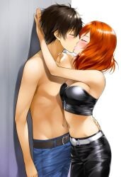 1boy1girl ai_generated anime anime_girl beautiful_females belt blush crossover crossover_kiss curvy cute denim handsome high_school high_school_student hyouka indoors jeans jnbu kissing love love_live! midriff navel nishikino_maki novelai oreki_houtarou redhead_female sexy short_hair straight topless topless_male wall zipper