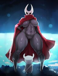 1boy 1girls 2019 abs big_breasts big_thighs black_eyes black_skin blue_background blush blushing breasts breasts_out cape casual cleavage dark_skin donaught female functionally_nude half-closed_eye hand_on_hip hollow_knight hornet_(hollow_knight) huge_breasts large_thighs larger_female male midriff muscular_female muscular_legs muscular_thighs navel no_bra no_nipples no_panties outerwear protagonist_(hollow_knight) pussy red_cape siblings size_difference smaller_male spread_legs thick_legs thick_thighs thigh_gap thighs uncensored venus_body weapon wide_hips