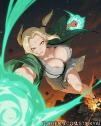 1girls anime blonde_hair breasts breasts brown_eyes fit naruto naruto_shippuden nsfw power_up tsunade