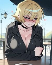 11_22 1girls ai_generated black_choker black_hoodie blonde_hair blue_eyes blush cafe chair choker cleavage covering_breasts embarrassed genderswap_(mtf) half-closed_eyes hand_on_own_chest heart heavy_breathing hoodie huge_breasts large_breasts looking_away motion_lines nervous oc original original_character outdoors outside pov_across_table rule_63 rule_63 short_hair sitting sky sun sunny sweat sweating table thick_thighs tomboy umbrella unzipped v-neck wide_hips zipper