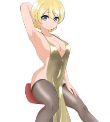 1girls alternate_costume arm_behind_head armpits big_breasts blue_eyes blush braid braided_bun breasts busty cleavage covered_navel darjeeling dress female female_only girls_und_panzer gold_dress hair_bun hand_on_leg hand_on_own_leg hand_on_own_thigh hand_on_thigh highres large_breasts legs looking_at_viewer no_bra pose posing sensual sideboob sitting smile solo thighhighs thighs voluptuous