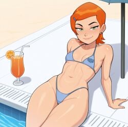 1girls ai_generated ben_10 bikini drink green_eyes gwen_tennyson lips looking_at_viewer navel orange_hair pool short_hair small_breasts smile stable_diffusion thick_thighs