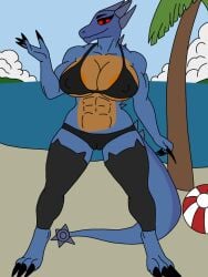 alice(drake) anthro anton06109296 bikini blue_body blue_scales breasts clothing dragon female horn legwear mace mace_tail melee_weapon muscular muscular_female mythological_creature mythological_scalie mythology red_eyes scales scalie solo swimwear tail two-piece_swimsuit weapon weapon_tail