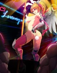 alternate_costume areolae ass blonde_hair breasts bunny_ears embarrassed female hand_on_ass happening18 human large_breasts lingerie mechanical_wings mercy nipples overwatch pink_mercy pussy pussy_juice sideboob solo_focus stripper stripper_pole sweat tagme white_lingerie wings