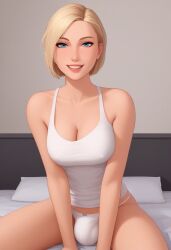 1futa 2d ai_generated aka6_(style) bed bedroom blonde_hair blondshell blue_eyes bob_cut civitai futanari grin layered_hair light-skinned_futanari light_skin looking_at_viewer on_bed short_hair solo