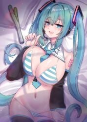 1girls arm_tattoo armwear bare_shoulders bed big_breasts bikini bikini_bottom_pull bikini_top_pull black_armwear black_legwear blue_eyes blue_hair blue_nails blush earpiece female food hatsune_miku hatsune_miku_(collared_bikini) headphones kazukoto leek legwear light-skinned_female light_skin long_hair nail_polish necktie necktie_between_breasts partially_clothed shirt solo solo_female stockings striped_bikini tattoo thighhighs twintails vocaloid