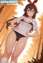 ai_generated amber_(genshin_impact) black_bra black_panties bra brown_hair cameltoe covered_nipples female female genshin_impact hair_ribbon hands_on_own_hips orange_eyes panties royrathehot see-through see-through_clothing see-through_shirt see-through_top smile solo t-shirt watermark white_t-shirt