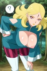 ai_generated blonde_female blonde_hair blonde_hair boruto:_naruto_next_generations boruto:_two_blue_vortex breasts breasts_out_of_clothes breasts_popping_out delta_(boruto) earrings forehead_mark large_breasts leaning_forward lipstick naruto naruto_(series) nipples pink_eyes visible_nipples