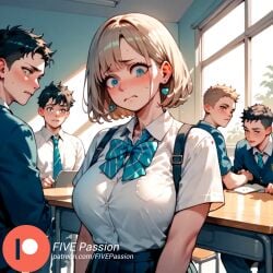 ai ai_assisted ai_generated big_breasts blonde_female blonde_hair color comic comic_page digital_art digital_media_(artwork) female five_passion male nervous nervous_face school school_uniform schoolgirl