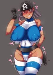 black_gloves black_hair breasts dark-skinned_female dark_eyes dark_skin female female_team_aqua_grunt female_team_aqua_grunt_(pokemon_oras) handjob_gesture hips huge_breasts human human_female japanese_text looking_at_viewer looking_nervous nervous nervous_smile niwatora pokemon pokemon_oras pokemon_trainer solo solo_female sweating team_aqua team_aqua_bandana team_aqua_grunt team_aqua_grunt_(female) team_aqua_grunt_(pokemon_oras) team_aqua_uniform thick_thighs thighs tight_clothes tight_clothing tight_swimwear wide_hips