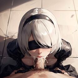 1girls ai_generated blindfold blowjob fellatio nier:_automata oral oral_sex pov tripogibeli white_hair yorha_2b