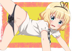 black_panties blonde_hair blue_eyes blush clothing eyebrows eyebrows_visible_through_hair female gochuumon_wa_usagi_desu_ka? groin hair_ornament hair_ribbon hayyan kirima_sharo looking_at_viewer necktie open_mouth panties piss_stain pubic_hair pussy ribbon shiny shiny_hair shirt short_hair solo tears underwear wavy_mouth