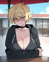 11_22 1girls ai_generated black_choker black_hoodie blonde_hair blue_eyes blush cafe chair choker cleavage covering_breasts embarrassed genderswap_(mtf) half-closed_eyes hand_on_own_chest heart hoodie huge_breasts large_breasts looking_at_viewer motion_lines nervous oc original original_character outdoors outside pov_across_table rule_63 rule_63 short_hair sitting sky sun sunny sweat sweating table thick_thighs tomboy umbrella unzipped v-neck wide_hips zipper