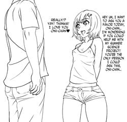 1boy 1futa bare_shoulders brother_and_sister clothed clothing comparison denim_shorts dialogue erect_nipples erect_nipples_under_clothes futa_with_male futanari height_difference intersex jean_shorts jeans larger_male line_art medium_hair midriff monochrome muchin nightingale_(extinct_canis) penis_comparison penis_size_difference sakura_shidou_(muchin) shorts siblings size_difference small_breasts smaller_female smaller_futanari text thigh_gap thighs translated younger_female