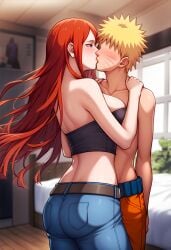 ai_generated anime anime_girl babe back_pockets bare_shoulders beautiful beautiful_females bed bedroom belt big_breasts blonde_hair blush busty_female cute dominant dominant_female fuuka_(naruto) indoors jeans jnbu kissing kunoichi long_hair midriff naruto naruto_(series) naruto_kiss_fuuka naruto_shippuden ninja novelai older_female orange_pants red_hair sexy shonen_jump sideboob topless topless_male uzumaki_naruto villainess villainess_on_hero younger_male