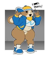 2024 absurd_res anthro belly breasts chubby clothed clothing dialogue female footwear genitals hat headgear headwear hi_res how_to_be_cool kerchief lagomorph leporid mammal mehdrawings navel outline pantsless peeb_(piemations) profanity pussy rabbit shaded shoelaces shoelaces_untied shoes simple_background simple_shading slightly_chubby sneakers solo thick_thighs white_outline