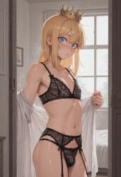 1boy 1femboy 2025 ai_generated black_bra black_lingerie black_panties blonde_hair blue_eyes bra caught crossdressing crown femboy feminine_male getting_caught girly indoors lingerie original_character panties rappo trap undressing