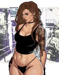 1girls belly brown_hair choker dark_makeup dreadlocks goth green_eyes hazel_eyes lip_piercing navel_piercing nose_piercing nose_ring nymphennoten piercing punk tank_top tattoo tattooed_arm thick_thighs thong