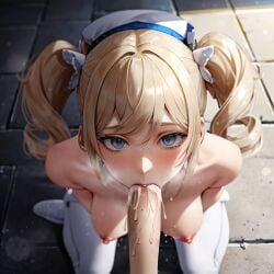 1girls ai_generated barbara_(genshin_impact) blonde_hair blowjob cum cum_in_mouth fellatio genshin_impact oral oral_sex topless topless_female tripogibeli twintails