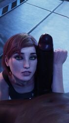 1boy 1girls 3d big_penis bioware clothed commander_shepard comparing comparing_penis comparing_to_arm dark-skinned_male dark_skin femshep forearm_cock freckles green_eyes interracial kojimations looking_at_viewer mass_effect penis pov red_hair straight