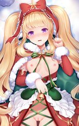 1girls absurdly_long_hair alternate_costume bangs bell blonde_hair blunt_bangs blush bow breasts cagliostro_(granblue_fantasy) christmas christmas_outfit cloak detached_sleeves dress dress_lift female frills fur_trim gran_(granblue_fantasy) granblue_fantasy hand_up long_hair looking_at_viewer lying navel nipples on_back open_clothes open_dress open_mouth pov purple_eyes pussy ribbon sidelocks small_breasts solo star twintails uncensored very_long_hair