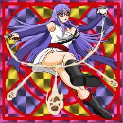 big_breasts boots bottomless chopsticks cleavage convenient_censoring detached_sleeves female female_only food full_body gintama glasses japanese_clothes kunoichi looking_at_viewer nattou ninja nipple_slip no_bra no_panties purple_eyes purple_hair red-framed_eyewear red_comet sarutobi_ayame scarf solo