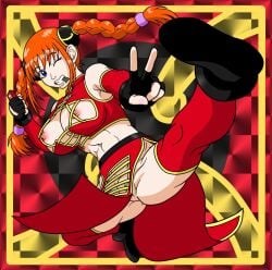 aged_up alternate_costume big_breasts blue_eyes braided_hair braids bun_cover chinese_clothes cleavage detached_sleeves female female_only fingerless_gloves full_body gintama gloves grin hair_ornament kagura_(gintama) kicking long_hair looking_at_viewer nipple_slip no_bra no_panties orange_hair pelvic_curtain pussy pussy_peek red_comet red_legwear red_thighhighs smile solo thighhighs twin_braids twintails v v_sign wink