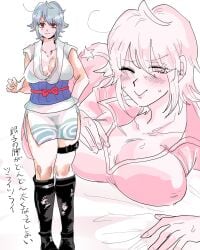 big_breasts boots canon_genderswap cleavage female female_only full_body genderswap_(mtf) ginko_sakata gintama gintoki_sakata hs_evng8 japanese_clothes kimono looking_at_viewer no_bra obi red_eyes rule_63 short_hair short_kimono silver_hair smile solo standing thigh_strap