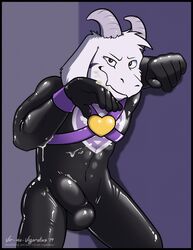 1boy 2019 2d 5_fingers abs anthro anthro_male anthro_only asriel_dreemurr balls_in_bodysuit bodysuit boss_monster bovid bulge caprine clothed clothing cum cum_on_face erection erection_under_clothes fur furry furry_male furry_only goat harness heart horn human humanoid humanoid_male humanoid_only long_ears looking_at_viewer male male_only mammal mammal_humanoid markings penis_in_bodysuit red_eyes rubber shiny simple_background smile solo tight_clothing undertale undertale_(series) video_games vir-no-vigoratus white_fur wrist_cuff