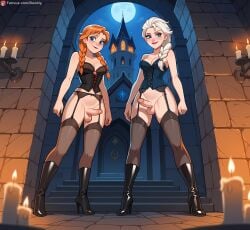 ai_generated anna_(frozen) boobly boots bra corset elsa_(frozen) from_below frozen_(film) full_body futa_with_futa futanari garter_straps orange_hair stockings white_hair