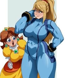 2girls blonde_hair blue_eyes blush bodysuit breasts brown_hair clothing coolerinker crown dress earrings female gloves hand_on_hip headwear high_ponytail inker_comics inkershike jewelry large_breasts long_hair looking_at_viewer mario_(series) metroid multiple_girls muscular_female open_mouth orange_dress ponytail princess princess_daisy princess_peach puffy_sleeves samus_aran simple_background skin_tight smile super_mario_bros. super_smash_bros. teeth thick_thighs thighs tied_hair white_background white_gloves yellow_dress zero_suit