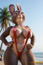 ai_generated animated anthro beach big_breasts bikini bonnie_hopps breasts clothing dancing disney female furry huge_breasts lagomorph leporid mammal narrowed_eyes nipples open_mouth rabbit seaside seductive sling_bikini smile solo swimwear tagme teasing video video vlrgromns zootopia