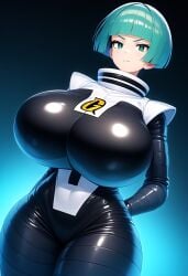 ai_generated blue_eyes blue_hair breasts huge_breasts large_breasts massive_breasts minmin nintendo pokemon pokemon_(franchise) pokemon_(game) pokemon_(trainer) pokemon_trainer smile solo solo_female solo_focus team_galactic team_galactic_grunt team_galactic_grunt_(female)