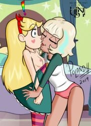 ! 2girls areolae blonde_hair blue_eyes chocolate_and_vanilla dark_skin disney disney_channel female female_focus female_only interracial_yuri jackie_lynn_thomas light-skinned_female long_blonde_hair multiple_girls nipples pink_nipples pink_panties poland_(artist) star_butterfly star_vs_the_forces_of_evil straight_hair yuri