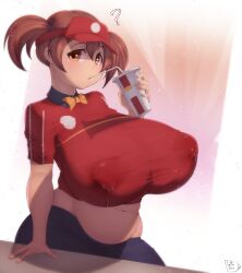 1girls ? alternate_breast_size belly blush breasts brown_eyes brown_hair coffeeslice covered_erect_nipples covered_nipples cup curvy curvy_female disposable_cup drinking_straw dutch_angle employee_uniform erect_nipples erect_nipples_under_clothes fast_food_uniform female_only gigantic_breasts hataraku_maou-sama! huge_breasts human_only lactation lactation_through_clothes looking_at_viewer midriff navel nipple_bulge no_bra plump puffy_nipples sasaki_chiho shirt short_hair short_sleeves short_twintails skirt solo solo_female stomach taut_clothes taut_shirt twintails uniform venus_body visor_cap voluptuous wide_hips