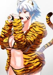 alternate_costume big_breasts bikini canon_genderswap chinese_zodiac cleavage coat facial_markings female female_only food genderswap_(mtf) ginko_sakata gintama gintoki_sakata new_year open_mouth phallic_symbol red_eyes rule_63 sexually_suggestive short_hair silver_hair solo sugibaa_g sushi tiger_ears tiger_girl tiger_print tiger_print_bikini tiger_tail underwear white_hair year_of_the_tiger