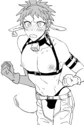 blush bulge bulge_through_clothing chaps collar cow_ears danganronpa danganronpa_2:_goodbye_despair hinata_hajime male male_focus male_only nipples puffy_nipples shirtless shirtless_male solo solo_focus solo_male thong underwear uurin