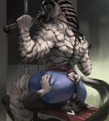 anthro ass big_dom_small_sub butt_sniffing canid canine canis clothed clothing coal_(samt517) domestic_dog domination duo equid equine facesitting heavy hi_res husky killioma male male_only mammal musk size_difference size_play sniffing squash sweat thick_thighs weights yaoi zebra