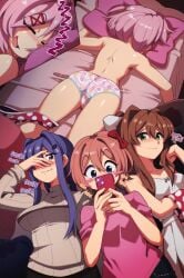 4girls asleep ass blue_eyes bow butt childish_panties collarbone doki_doki_literature_club english_text euf-dreamer female female_only green_eyes hair_bow hairbow holding_phone long_hair monika_(doki_doki_literature_club) natsuki_(doki_doki_literature_club) panties phone pink_hair purple_eyes purple_hair red_bow sayori_(doki_doki_literature_club) short_hair sleeping strawberry_blonde_hair text yuri_(doki_doki_literature_club) zzz