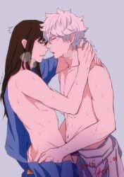 2boys black_hair blackcati_lynx breath embrace gay gintama gintoki_sakata hands_on_ass japanese_clothes katsura_kotarou kimono long_hair long_hair_male looking_at_another male male_only partially_undressed profile side_view sweat toned toned_male trembling white_hair yaoi