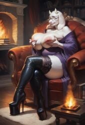 ai_generated anthro anthro_milf cleavage furry glasses goat_girl goat_milf grabbing_own_breast high_heel_boots high_heels huge_breasts nipples sitting thigh_boots thighhighs toriel undertale werewolfmortisad294