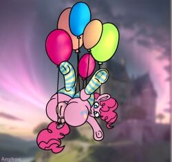 absurd_res anykoe ass balloon breaking_the_fourth_wall butt_focus castle clothing earth_pony equid equine female feral flying footwear friendship_is_magic genitals gesture hasbro hi_res horse inflatable inner_ear_fluff looking_at_viewer looking_back looking_back_at_viewer mammal my_little_pony pinkie_pie_(mlp) pony pussy signature socks solo tuft waving waving_at_viewer