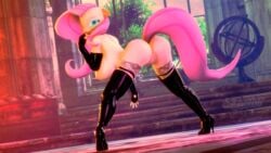 2019 3d anthro areola armwear black_boots blue_eyes boots breasts clothing doctor-sfm elbow_gloves equid equine female fingerless_gloves fluttershy_(mlp) footwear friendship_is_magic gloves hi_res high_heels horse leather legwear looking_at_viewer looking_back mammal my_little_pony nipples pony pose pussy rubber shoes solo source_filmmaker stockings straight_hair