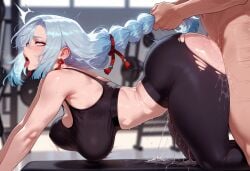1boy 1girls ahe_gao ai_generated all_fours ass ass_ripple balecxi bangs bare_shoulders bent_over black_legwear black_sports_bra blue_eyes blue_hair blush bouncing_breasts braid braided_ponytail breasts clothed_female clothed_female_nude_male clothed_sex clothing curvaceous curvaceous_female curvaceous_figure curvy curvy_figure dark-skinned_male dark_skin doggy_style earrings female female_ejaculation female_focus from_behind fucked_silly genshin_impact grabbing_another's_hair gym gym_clothes gym_uniform hair_ornament heavy_breathing huge_ass indoors jewelry large_breasts legwear light-skinned_female long_hair looking_back male nipples nude nude_male open_mouth pants penis ponytail rolling_eyes saliva semen sex sex_from_behind shenhe_(genshin_impact) solo_focus sports_bra standing standing_sex steaming_body straight sweat taken_from_behind tassel_earrings thick_thighs thighs tongue tongue_out torn_clothes trembling vaginal_penetration voluptuous voluptuous_female wet white_hair yoga_pants