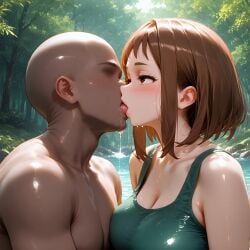 1girl1boy ai_generated blush boku_no_hero_academia cleavage dark-skinned_male dark_skin day eternalpose faceless_male female forest french_kiss french_kissing interracial kissing light-skinned_female light_skin male male/female my_hero_academia ochako_uraraka outdoors patreon patreon_username pixiv river shiny shiny_skin straight sweat uraraka_ochako wet