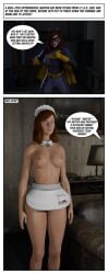 1girls 3d apron apron_only barbara_gordon batgirl dc_comics english_text female gotham_knights hypnosis latinkaixa speech_bubble superheroine text topless topless_female