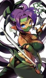 1girls ass big_breasts blue_eyes boobs_and_butt_pose breasts busty cleavage dark-skinned_female dark_skin english_text female female_only fully_clothed holding_object holding_weapon katana large_breasts life_is_pi ninja ninja_mask purple_hair shantae shantae_(character) shinobi shuriken solo sword tagme weapon weapons