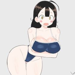 1girl 1girls ahoge akisas99 ass_visible_from_the_front ass_visible_through_thighs background bent_forward bent_over big_boobs big_breasts bikini blank_background blue_bikini blue_one-piece_swimsuit blue_swimsuit blue_swimwear breasts brown-eyed_female brown-haired_female brown_eyebrows brown_eyes brown_hair busty busty_female busty_girl curvaceous curvaceous_body curvaceous_female curvaceous_figure curvaceous_hips curvaceous_thighs curvy curvy_body curvy_female curvy_figure curvy_hips curvy_thighs hourglass_figure huge_boobs huge_breasts inguinal_crease inguinal_ligament large_boobs large_breasts lean_figure leaning leaning_forward legs_closed legs_together monotone_background narrow_waist oc one-piece_swimsuit one_color_background open_mouth original original_art original_artwork original_character original_female_character parted_lips plain_background plump_breasts school_swimsuit slender_body slender_waist slim_female slim_waist solid_color_background sukumizu swimsuit swimwear thigh_gap thighs_together tongue white_background wide_hips
